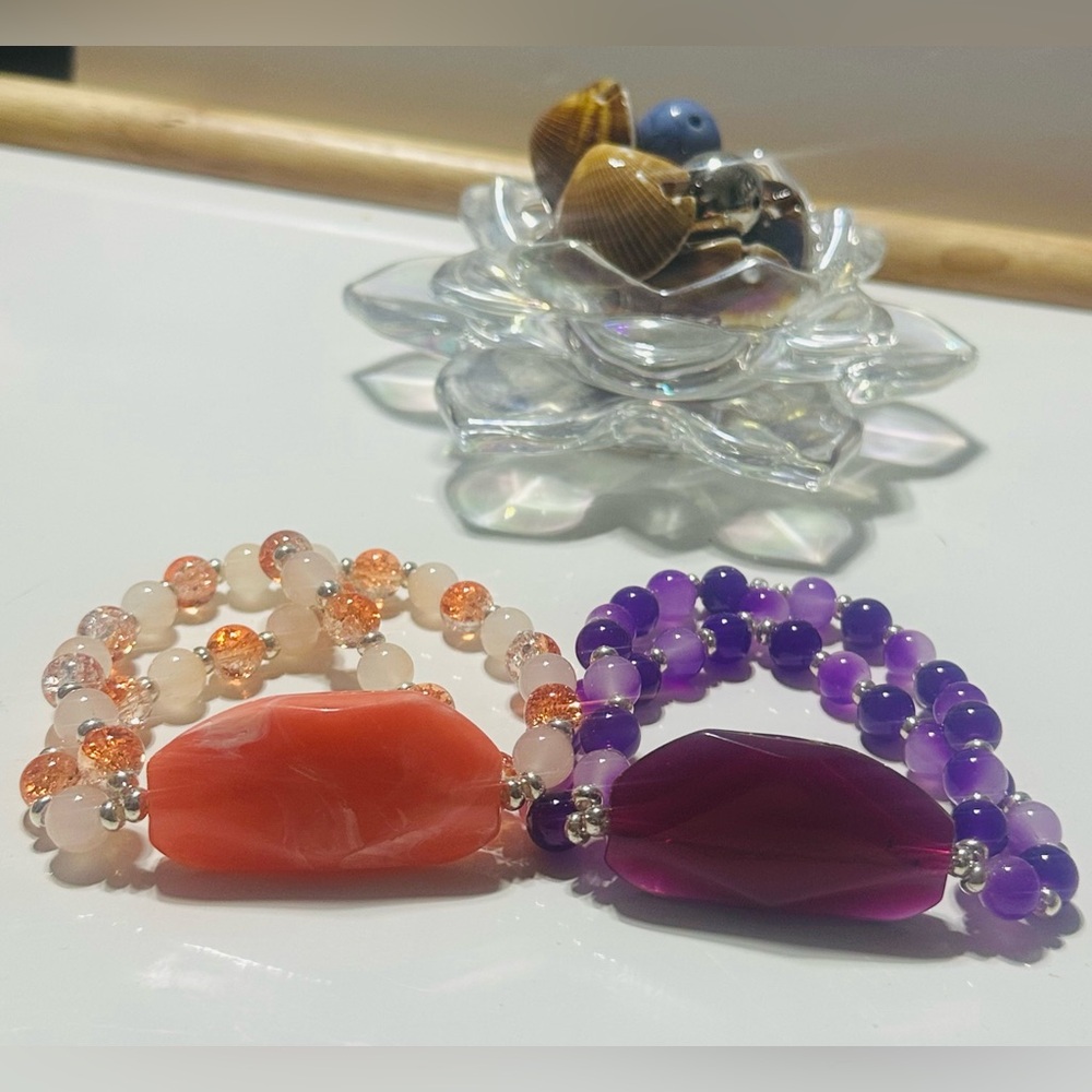 Elegant Beaded Bracelets Set - Orange and Purple